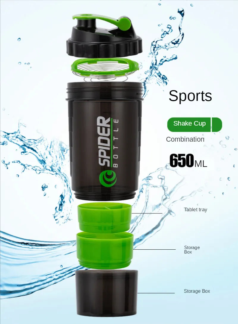 3 Layers Shaker Protein Bottle 550ml Whey Powder Shaker Cup Cute Water Bottle Sports Fitness Shakel Bottles Vaso Shaker Gym