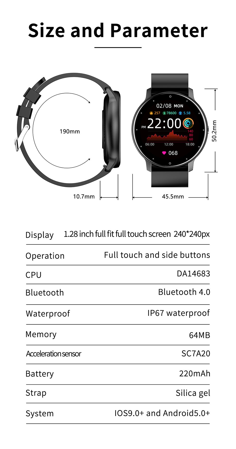 IP67 Waterproof Fitness Smart Watch Bluetooth For Android & IOS