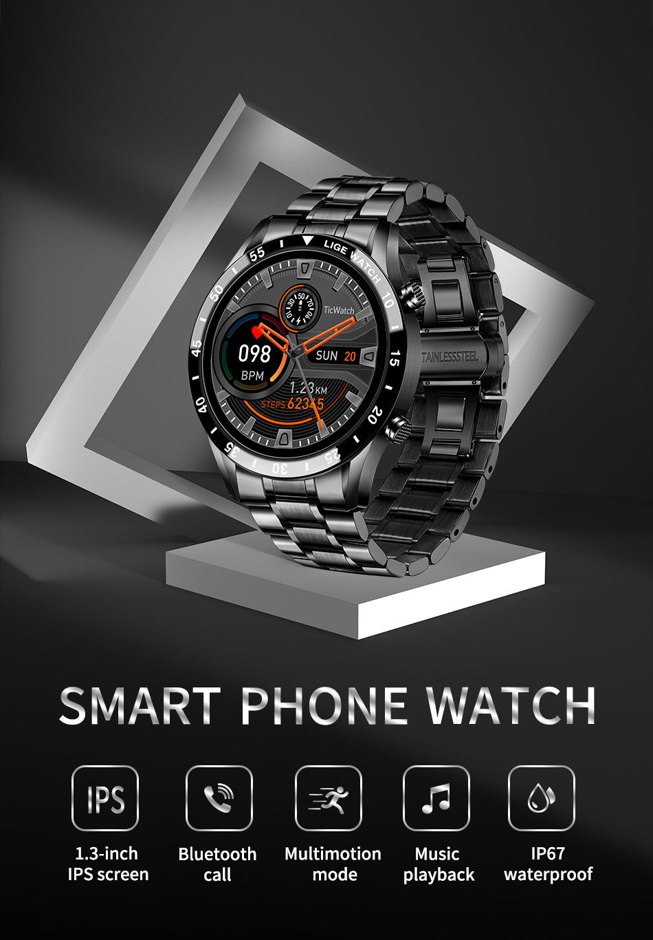 LIGE 2023 Full Cicle Touch Screen Luxury Waterproof Fitness Smart Watch + Box